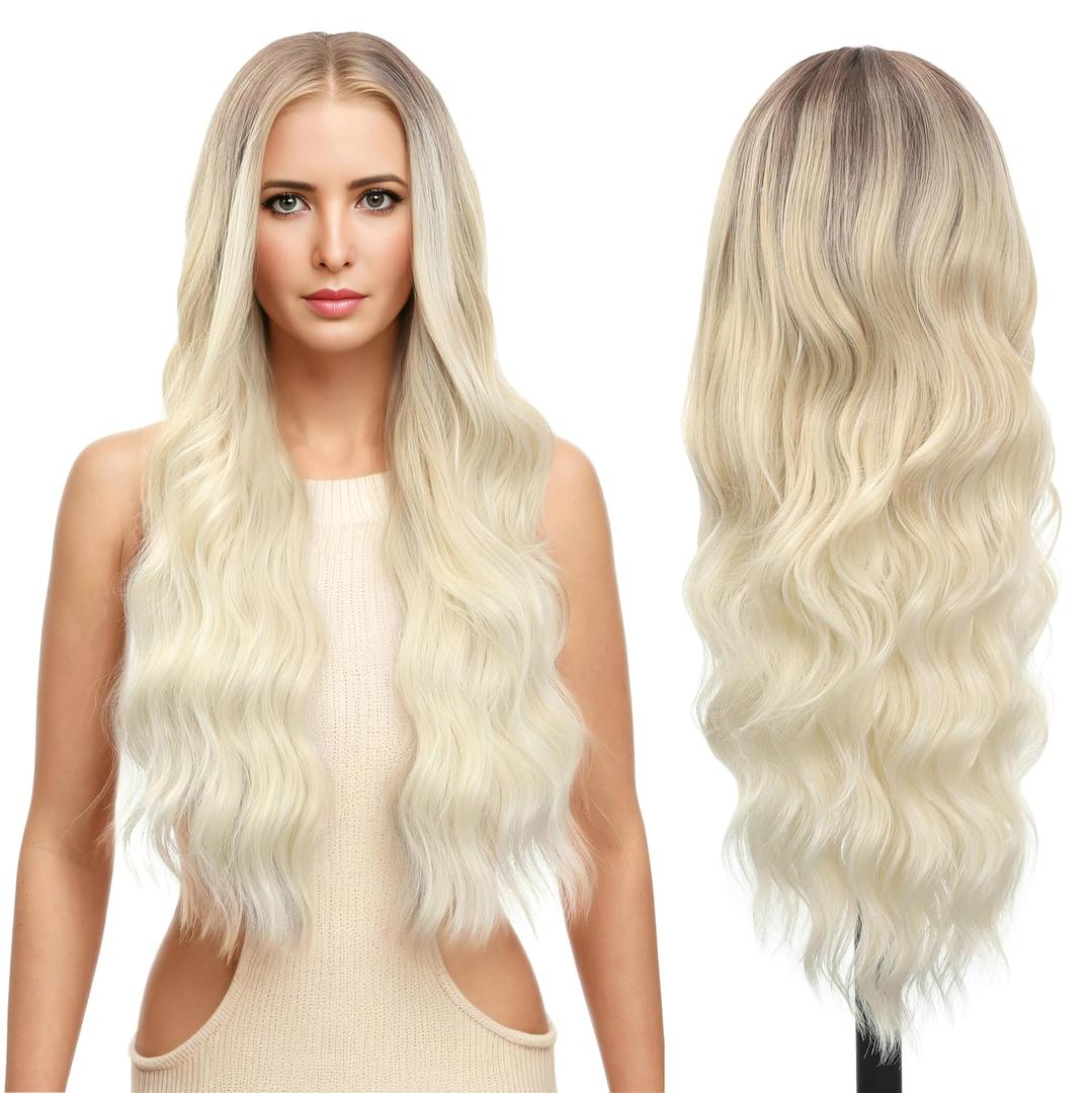 FUTAI Long Wavy Wig 30 Inch Ombre Platinum Blonde HD Front Lace Body Curly Synthetic Hair Wigs for Women Professional Female Diverse Styles Daily Party Cosplay
