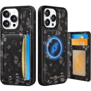 Uppuppy for iPhone 12 Pro Max Case with Wallet - Fits 4 Card Slots, Compatible with MagSafe for Women Aesthetic PU Leather Credit Card Holder Kickstand Phone Cover for Apple 12 Promax, Black Butterfly