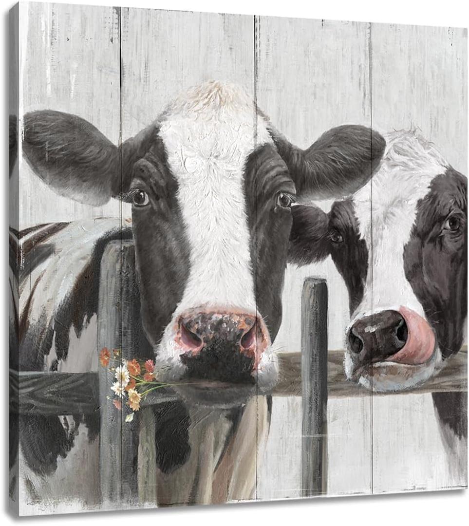 Couple Cow Pictures Wall Decor, Love themed Canvas Wall Art Print, curious cow Painting Poster, funny farm animal Mural for Bedroom Bathroom and Kitchen Framed 12"x12"