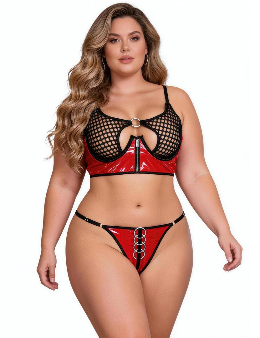 ohyeah 2 Pieces Bra Sets Women Sexy lingerie Faux Leather Bra and Thong Panties Set Underwire Bras Lingerie Set Fits XL (Red)