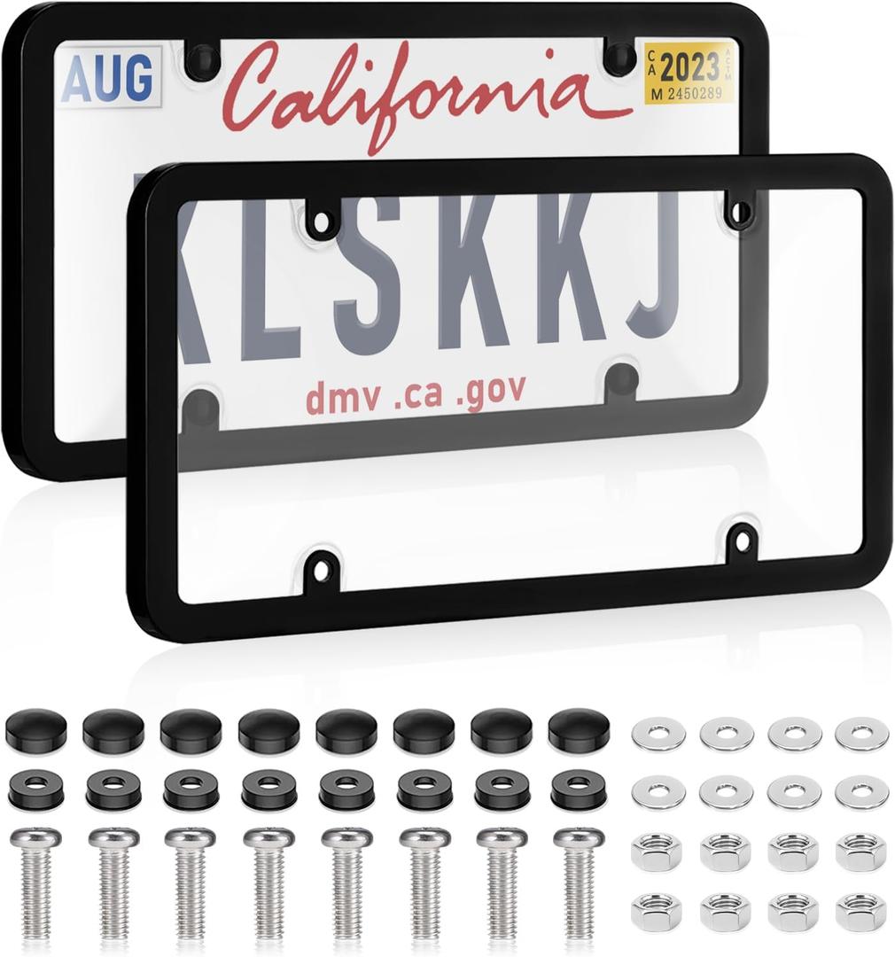 2 Pack Clear License Plate Covers and Frames, License Plate Protector Unbreakable Plastic Shields Tag Holder Fits Standard US Plates with Screws Caps