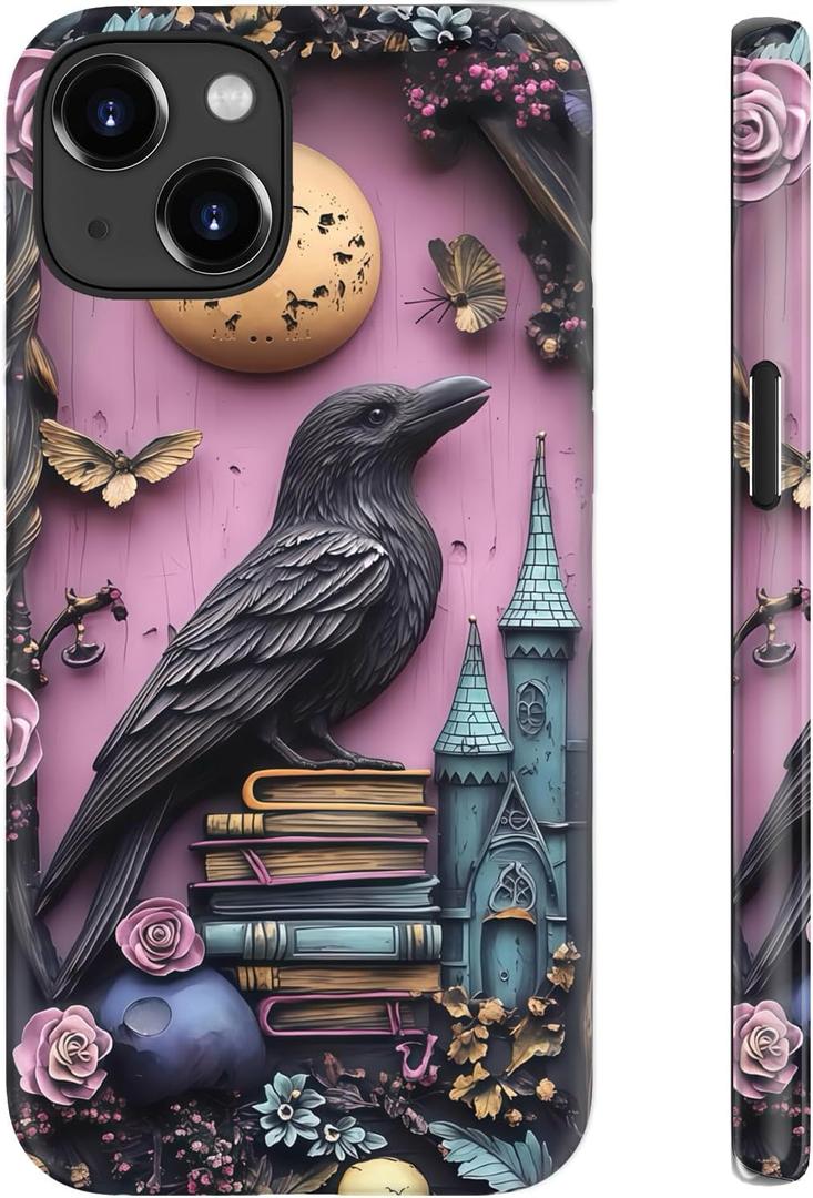 for iPhone 15 Case Cute – Wireless Charging Compatible – Dual-Layer Shockproof Protection with Stylish Wildflower Design – Protective Cover for Women - Gothic Raven Purple Floral
