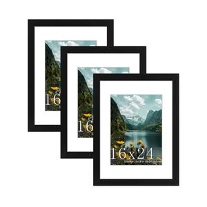 Picrit 16x24 Picture Frame 3 Pack, Black Poster Frame, Display Poster 12 x 18 with Mat or 16 x 24 without Mat for Horizontal or Vertical Wall Mounting