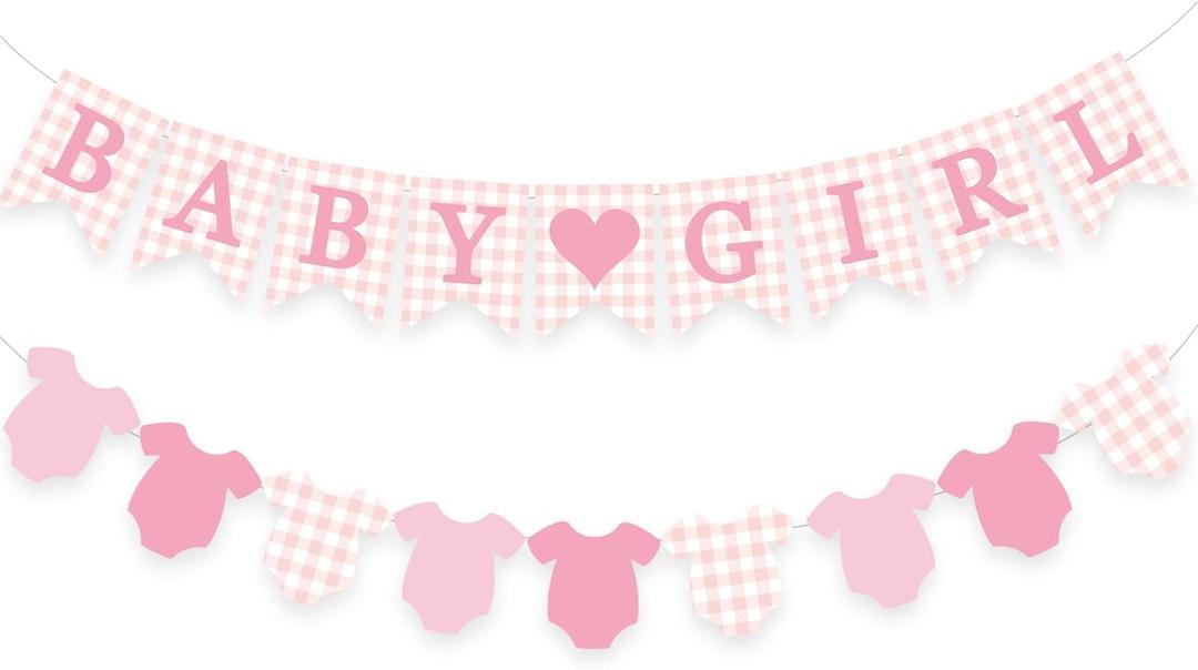 Pink Gingham Baby Banner Girl Plaid Welcome Baby Shower Sign Decoration Clothesline Onesie Garlands Gender Reveal Party Supplies