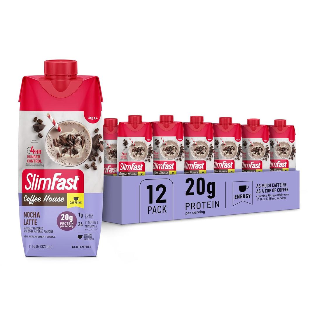 SlimFast Protein Shake, NEW Mocha Latte- 20g Protein, Meal Replacement Shake Ready to Drink, High Protein with Low Carb and Low Sugar, 24 Vitamins and Minerals, 11 Fl Oz (Pack of 12) (EXP 09/24/26)