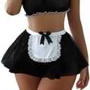 Foxiny Sexy Stockings Mini Skirt Mesh Sheer Lace Halloween Costume Maid Outfit Lingerie with Thong Set 4 Piece L