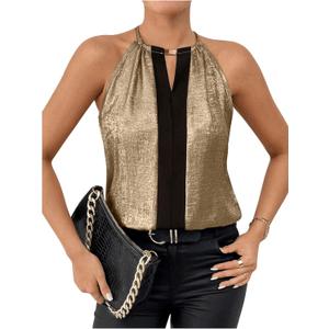 SOLY HUX Women's Metallic Sleeveless Shirts Color Block Halter Neck Tunic Top Party Club Blouses (Large, Gold and Black)