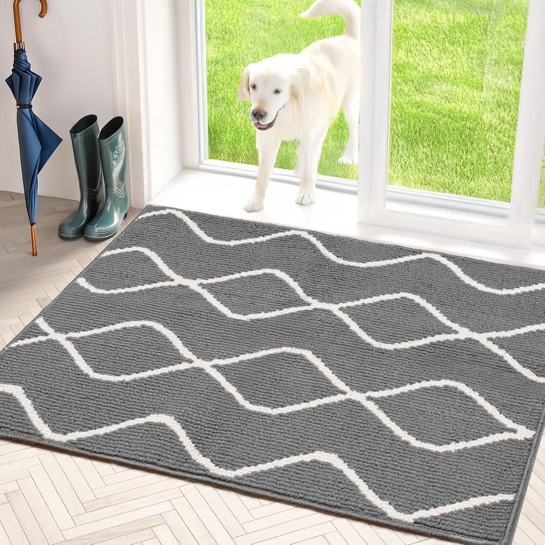 Mud Mats for Dogs Large, Dirt Trapper Mud Mats for Dogs Indoor Entrance for Food and Water Non-Slip Dog Bed Machine Washable Door Mat Indoor for Muddy Paws 35"x24" Grey (Grey Wave Pattern)