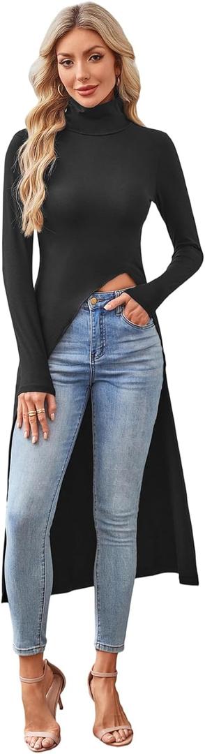 WDIRARA Women's Front Split Long Sleeve Shirt Dress High Neck Long Asymmetrical Hem Slim Fit Blouse Top (Medium, Black)