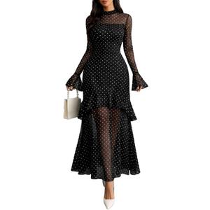 GothDark Womens Floral Maxi Dress Sheer Mesh Bell Sleeve Tiered Ruffle Gothic Romantic Casual Long Dresses (Large, Polka Dot Print)