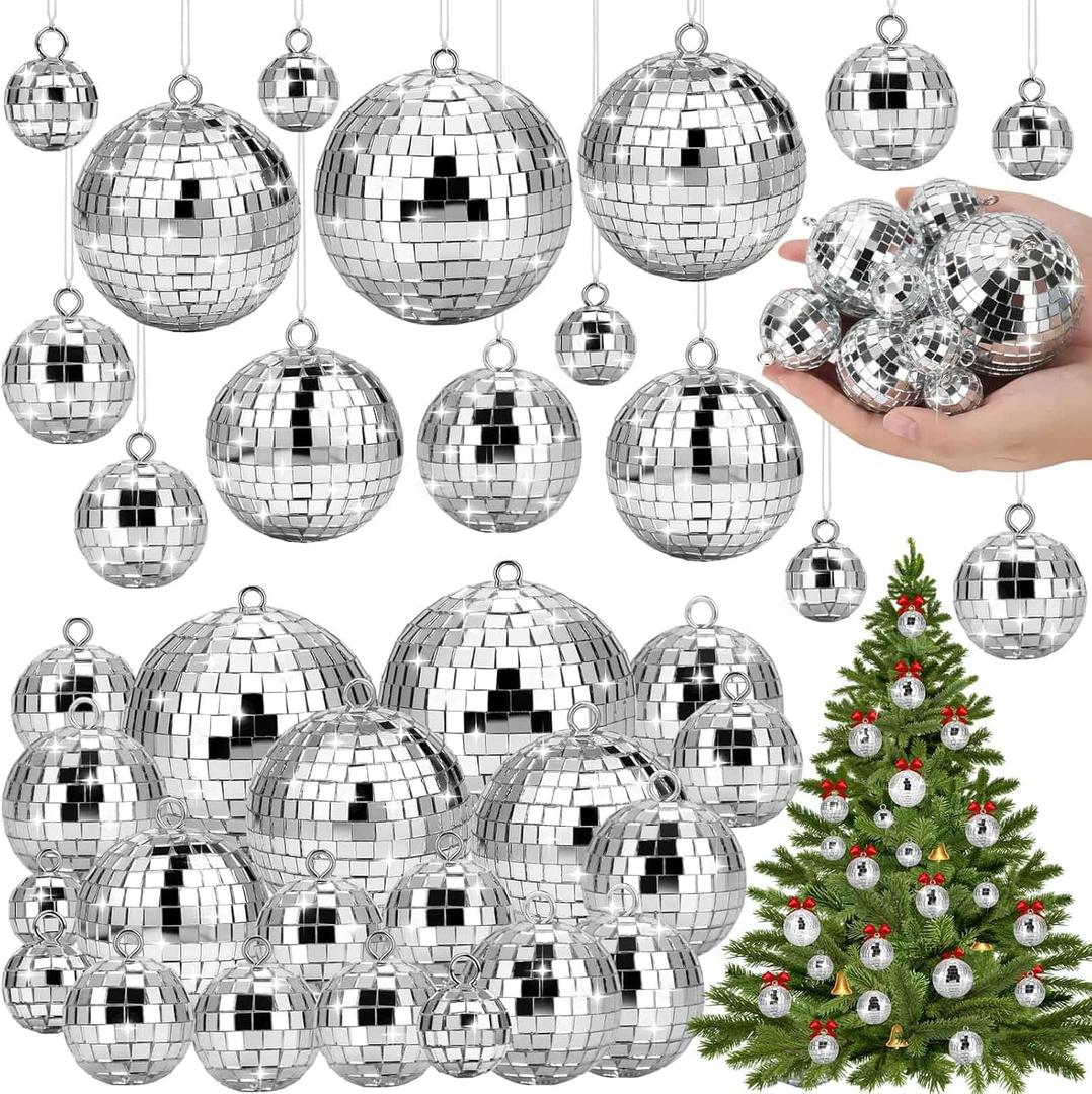 Flasoo 26 Pcs Disco Ball, 5 Sizes Disco Ball Ornaments Mini Mirror Silver Disco Balls Cake Topper Disco Themed Party Christmas Tree Ornaments Supplies (3.2inch, 2.4 Inch, 2 Inch, 1.6 Inch, 1.2 Inch)