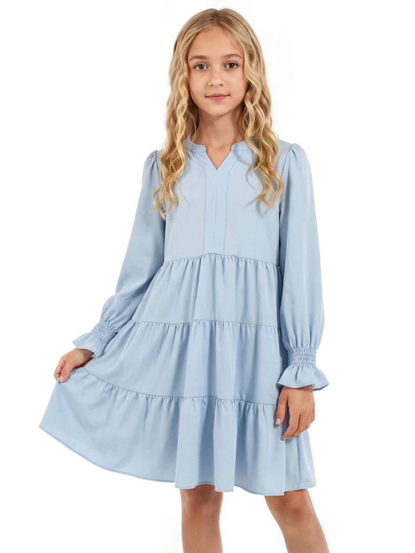 Cubear Girls' Casual A-Line Dress with Ruffle Hem Long Sleeve V-Neck Pocket Teen Girls Dress Tween Junior Dresses, 5-6 Years Light Blue