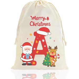 Fohufo Reusable Christmas Gift Bag, 15.7 x 19.6 Inch Initial Santa Sack Drawstring Christmas Bags, Personalized Gift Bags for Xmas Presents Party Supplies, Xmas Decorations Gifts Bag, Medium A
