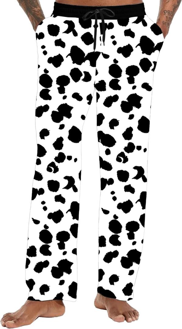 Mens Halloween Pumpkin Costume Pants Elastic Waist Skeleton Pants with Pockets (Small, Cow)