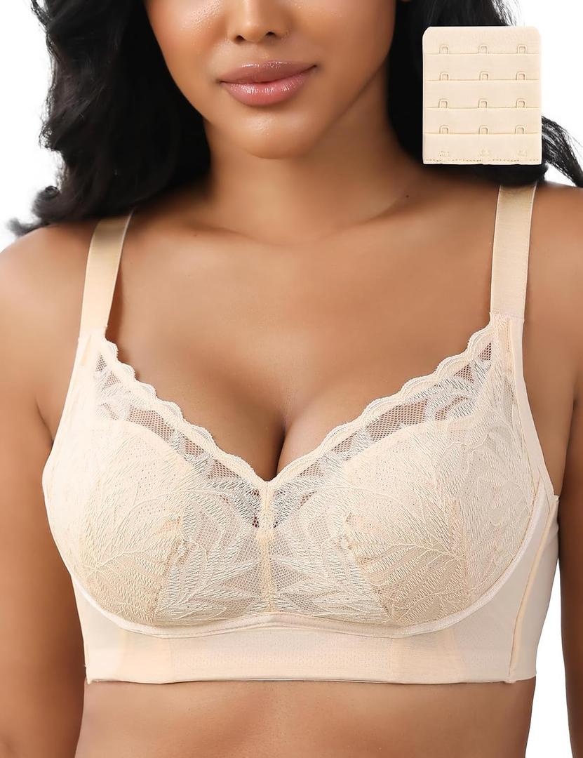 Womens Wireless Minimizer Bras Plus Size Lace Bralettes Nude 38DDD | No Underwire, Lightly Padded, Petal Pad, V Neck, Comfort Everyday Wear, Wirefree Supportive Bras for Large Bust, Size 36C-46G