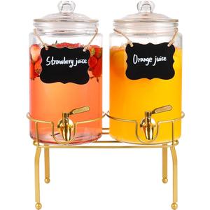 Drink Dispensers for Parties, 2 Pack 1 Gallon Beverage Dispenser with Stand, Drink Dispenser With Glass Lid, juice dispensers for parties