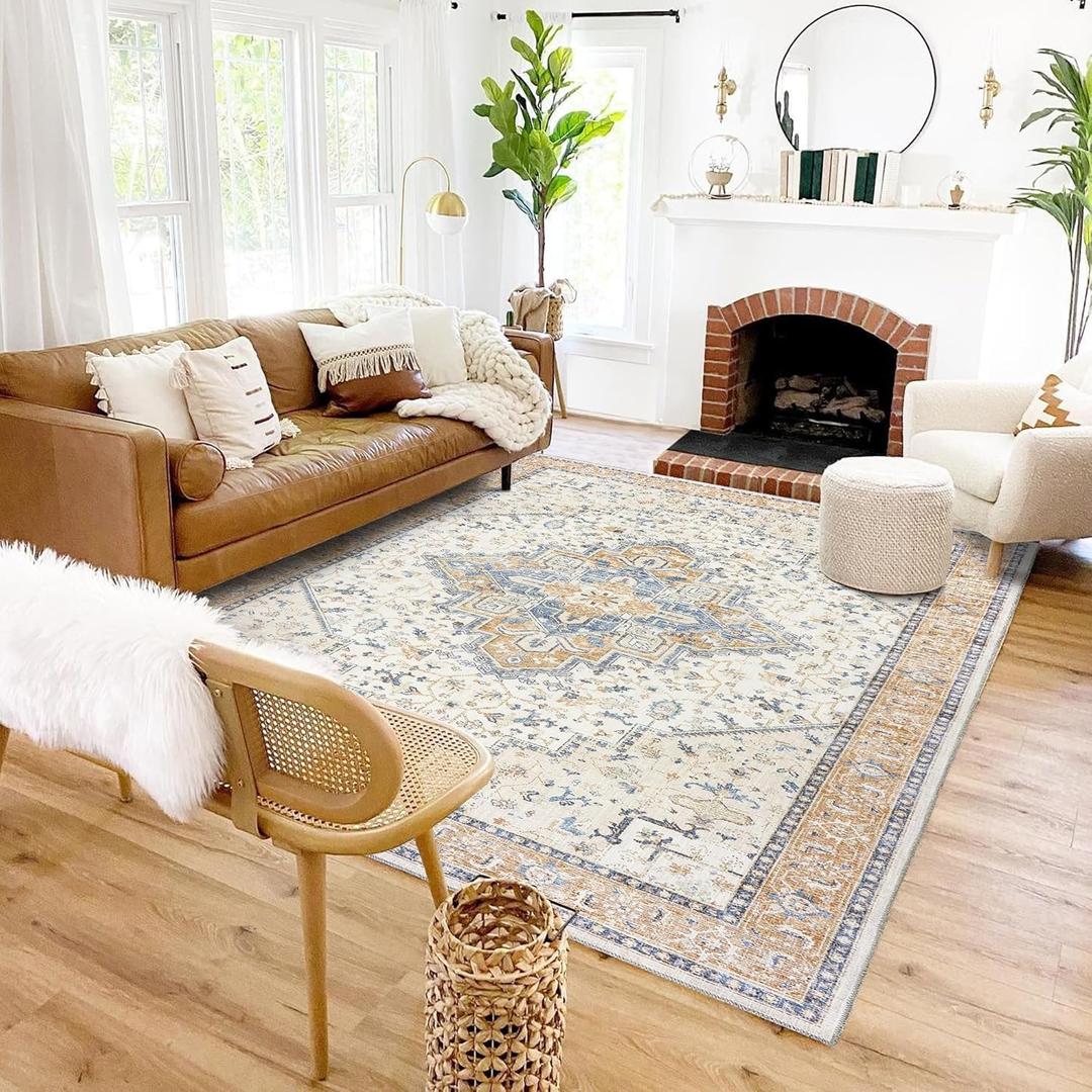 Orange and Blue Coloful Rug for Living Room,Machine Washable Bright Colored Multi Color Area Rugs 5x7