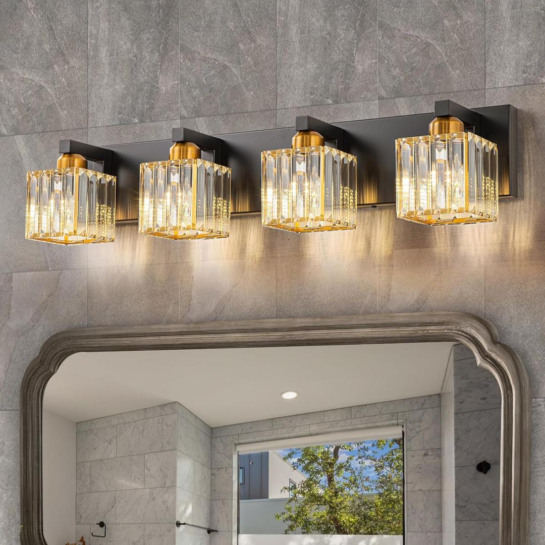 Crystal Black Gold Bathroom Vanity Light, 4-Lights Bathroom Lighting Fixtures Over Mirror Modern Crystal Wall Lighting with Square Shade