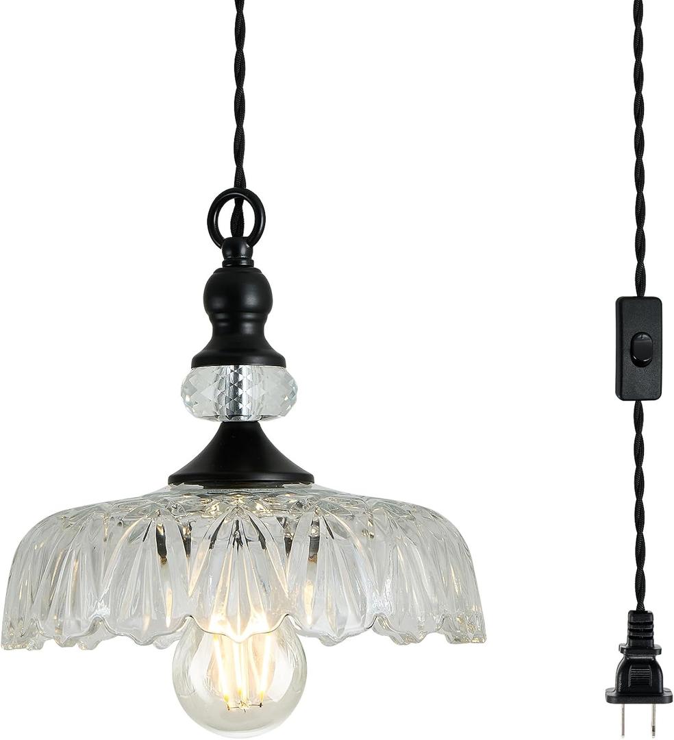CVKASH Plug in Glass Pendant Light Fixture Black Vintage Adjustable Chandelier Hanging Ceiling Light for Farmhouse Hallway Bedroom Foyer Kitcken Dining Room Island