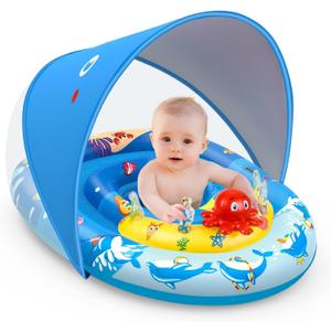 EZIGO Baby Pool Float with Canopy UPF50+ Sun Protection, Inflatable Kids Pool Floats with Ocean Animal Toys for Baby 6-36 Months, Infant Swimming Float with Adjustable Safety Seat for Boys Girls (Blue)