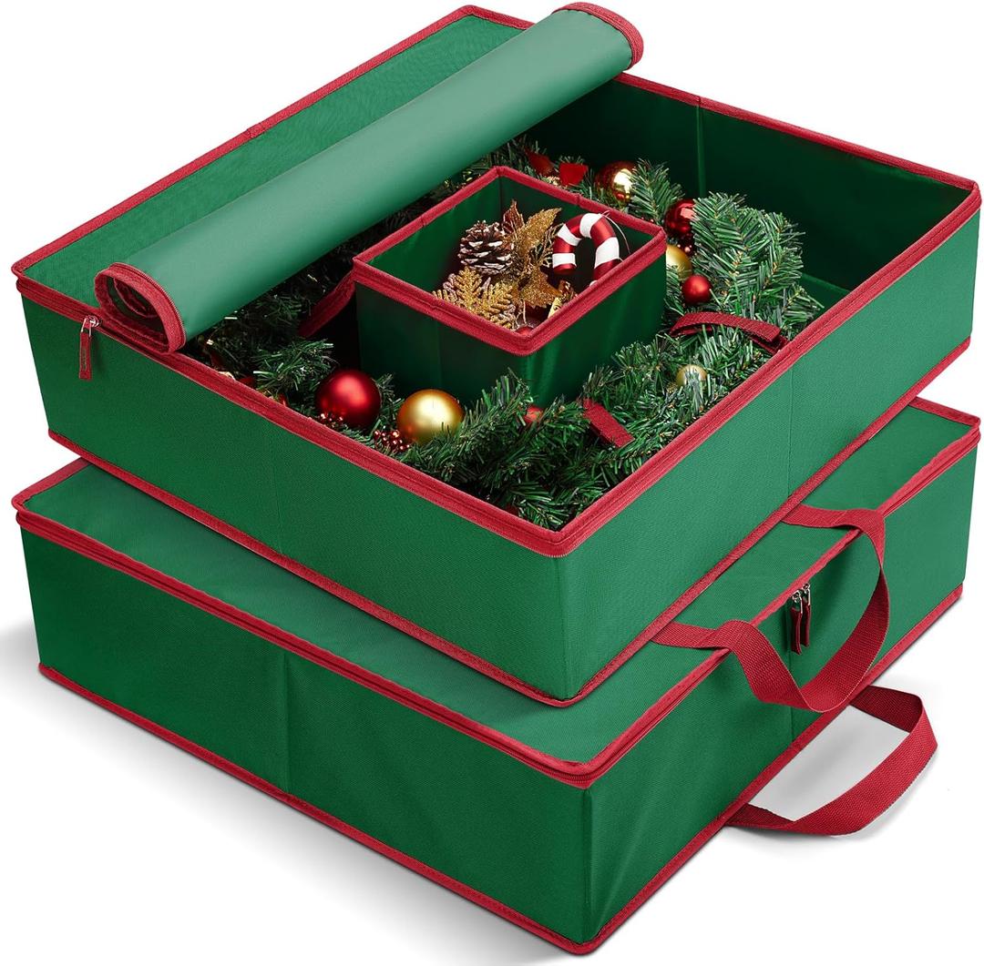 MaidMAX Christmas Wreath Storage Container 30 inch, Hard Shell Wreath Storage Bag with Inner Pocket, Sturdy Handles and Zippers, 600D Oxford Holiday Ornament Wreath Storage Box (GREEN, 2pcs)