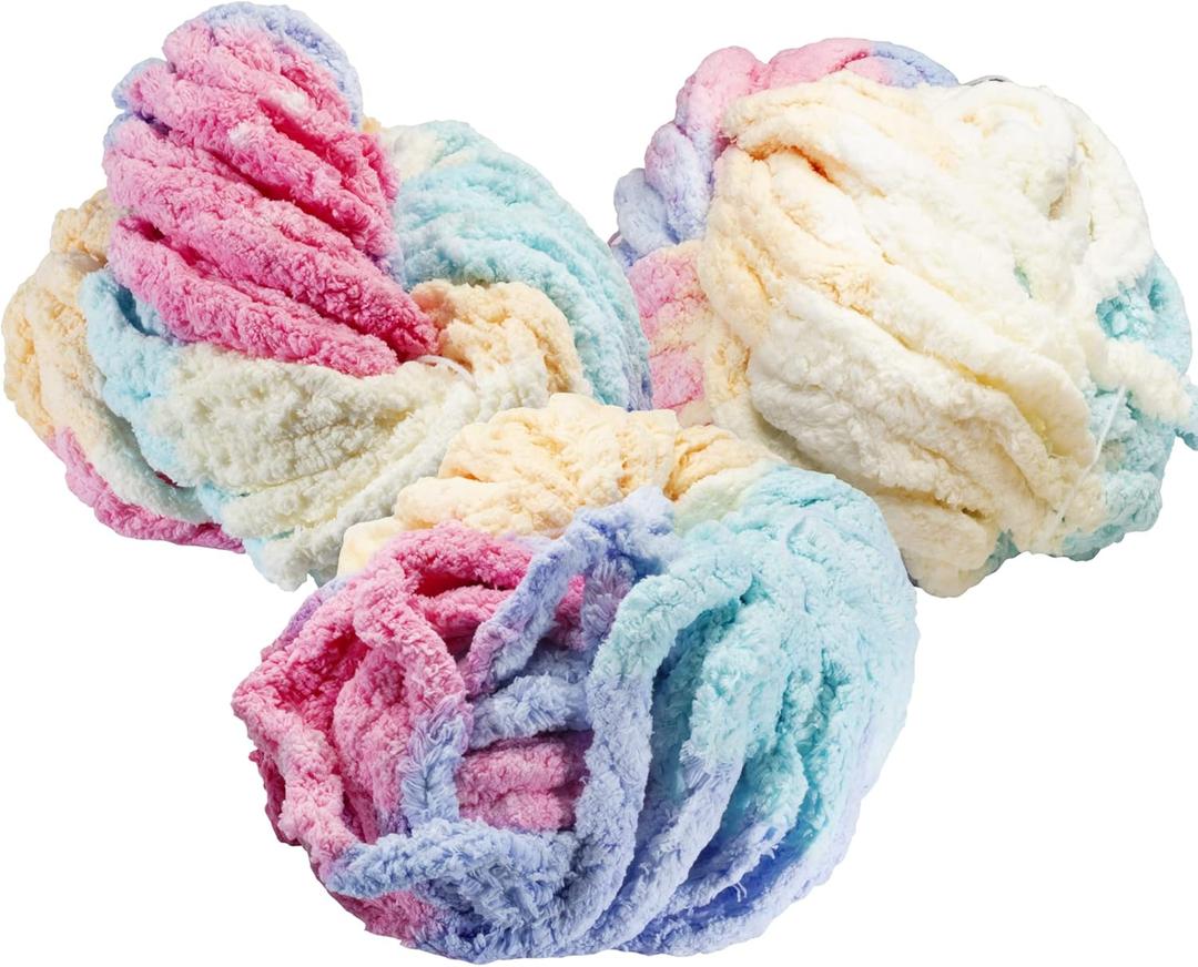 Chunky Yarn for Crocheting & Arm Knitting-Rainbow Multicolor 3pk Jumbo Chenille Yarn, 72 Yards Total, 20mm Super Soft & Thick for Mothers Day Gifts, Blankets, Cozy Home Dcor & Spring Crafts