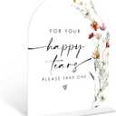 Boho Floral Happy Tears Tissue Sign, 6 x 8 Inch White Arch Acrylic Wedding Sign with Holder, Wedding Sign for Ceremony and Reception, Wedding Decoration, Wedding Supplies - BX25