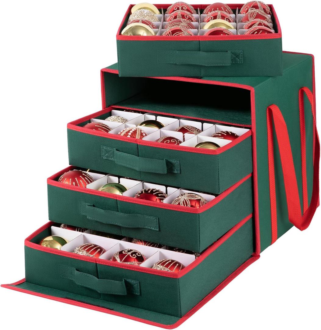 OIAHOMY Christmas Ornament Storage Box with Adjustable Dividers, Christmas Storage Container with Side Open Stores up to 64-3'' Ornaments, 4 Removable Drawer Style Trays - Green