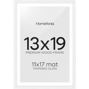 Homeforia 13x19 Picture Frame White, High End Oak 13x19 White Wood Frame with Mat 11x17 Photo, 13 x 19 Wooden Poster Frames Matted to 11 by 17, 19x13 Hanging Frames, Tempered Glass, Wall Kit, Set of 1