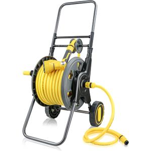 30m Garden Hose Reel Cart on Wheels, Hose Pipe Reel with Rewind Handle, Includes 30m Rubber Water Pipe and 2m Leader Hose, Spray Gun
