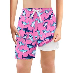 Haloumoning Boys Swim Trunks with Boxer Brief Liner Kids Gradient Quick Dry Swimming Shorts 5-14 Years (Pink)