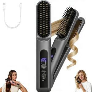 Cordless Hair Straightener Brush - Curler 2 in 1 Hair Styling ToolsPortable Rechargeable Battery-Powered for Travel with 4 Temperature Settings Removable for Easy Cleaning