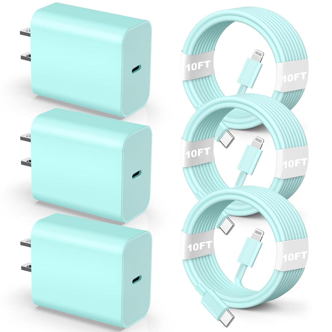 Compatible with iPhone, 3Pack 10ft USB C to ightning Cable Quick Phone Charger Cord for Phone 14/ 13/ 12/ 12 Pro Max/ 11/ Xs Max/ XR/ X, AirPods Pro and More, Blue
