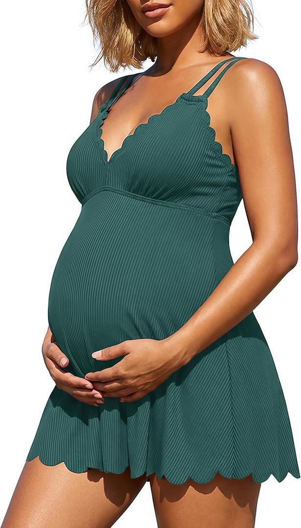 Charmo Ribbed Maternity Swimsuit One Piece Swim Dress Scalloped V Neck Pregnancy Bathing Suit 2026 Skirt Swimwear, Medium
