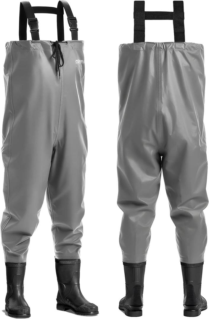 Foxelli Chest Waders - 2-ply Nylon/PVC Waterproof Lightweight Fishing Waders for Men & Women with Boots (11, Grey)