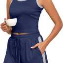 PrinStory Womens Pajamas Set Summer 2 Piece Pajama Sleeveless Tank and Shorts Soft Pj Sets with Pockets (Blue, L)