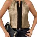 SOLY HUX Women's Metallic Sleeveless Shirts Color Block Halter Neck Tunic Top Party Club Blouses (Large, Gold and Black)