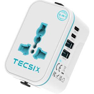 Universal Travel Adapter Worldwide, TECSIX European Travel Plug Adapter with 2 USB C, 2 USB A and Multi AC Outlets, International Power Adaptor for EU US UK AUS 200+ Countries Type A C G I
