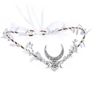 MOSTORY Sliver Moon Elf Headpiece Woodland Forest Crown Headband Fairy Goddess Hair Accessory Queen Circlet Tiara Halo Cosplay Costume for Women Girls Halloween Renaissance Birthday