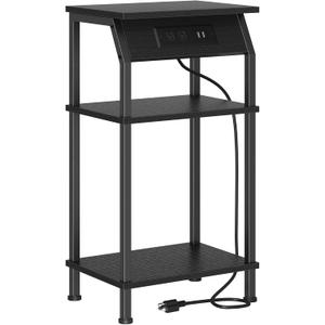 Tall End Table with Storage, 3-Tier Small Bedside Table with Charging Station, Narrow Side Table Stand, Space-Saving Nightstand for Living Room, Bedroom,Office, Black