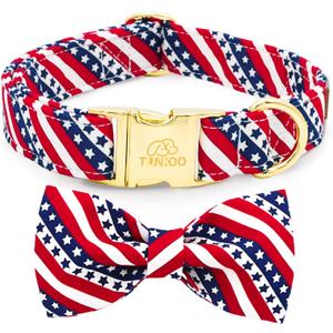 Tunkoo American Flag Dog Collar with Cute Bow Tie 4th of July Cotton Collar Adjustable Durable for Outside Small Medium Large Boys Girls Dogs, L