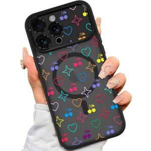AIGOMARA Magnetic Case for iPhone 14 Pro [Compatible with MagSafe] Cute Cherry Heart Pattern Design Soft TPU Bumper Hard PC Back Anti-Fall Shockproof Camera Proctive Slim Cover