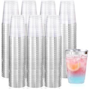 supernal 200pcs 10oz Silver Plastic Cups,Disposable Wine Glasses Cocktail Glasses Premium Cups,Party Cocktails Tumblers,Silver Rimmed Plastic Cup for Party,Wedding, Birthday,Thanksgiving Day
