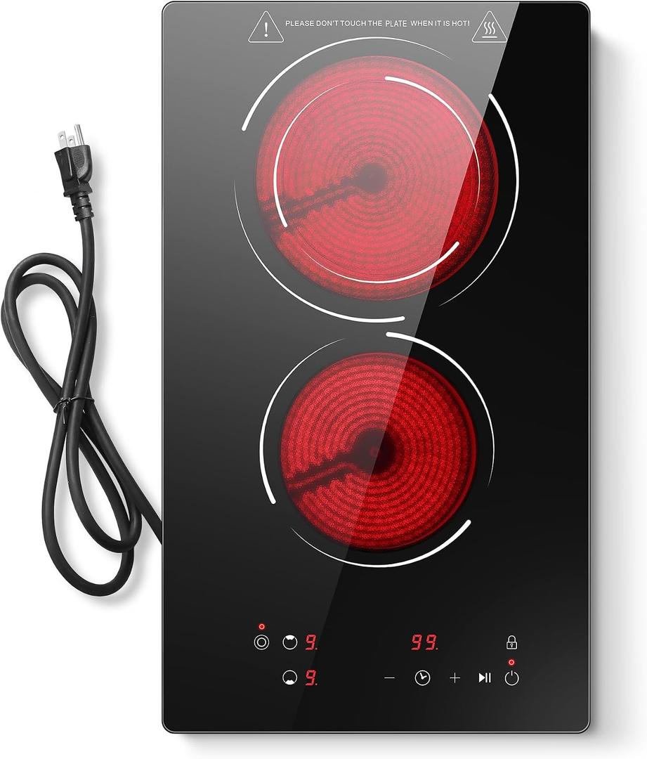 2 Burners Electric Cooktop, 110V Plug in Ceramic Cooktop, 12 Inch Countertop & Built-in Electric Stove Top with Dual-Ring Design, 9-Level Adjustment, Child Safety Lock, Timer, Overheat Protection, 11.8 inch