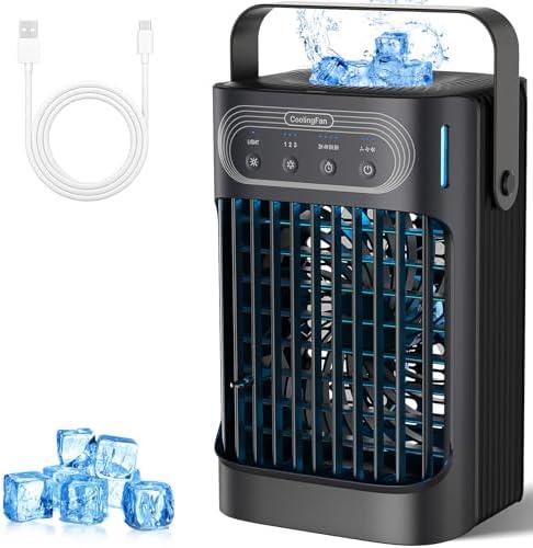 Portable Air Conditioners Cooling Fan, Evaporative Mini Air Conditioner Portable AC Unit with 3 Cool Mist & Speeds, 7 Night Light & 2-8H Timer, Personal Air Cooler for Bedroom Office Camping Black