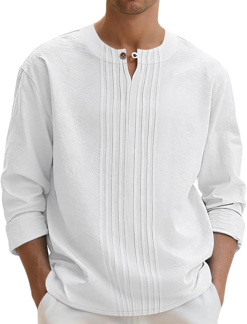 Men's Linen Shirts Casual Long Sleeve Pleated Front T-Shirt Button Henley Collared Loose Lightweight Pullover Top (X-Large)