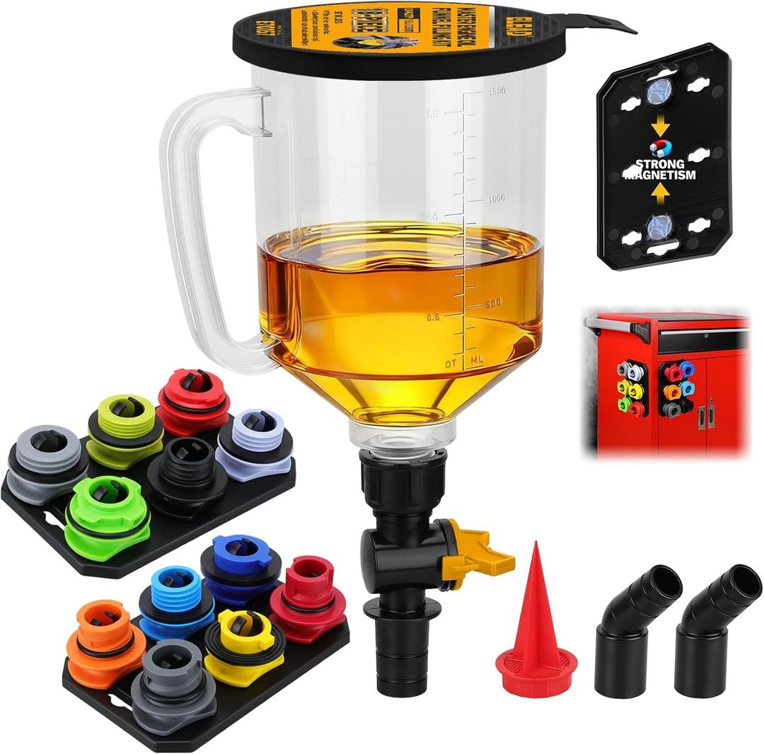 18-Piece Engine Oil Funnel Kit, 1.59QT/1.5L Automotive Oil Funnel Set with 12 Adapters, Elbow Fitting, Arrow Screen and Magnetic Storage Hooks Tray, Compatible with GM, Ford, BMW, Audi, Land Rover Etc