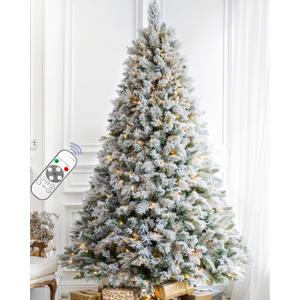 7.5FT Pre-lit Snow Flocked Christmas Tree Spruce with Remote Control, 600 Warm White Multi-Color Lights, Artificial Hinged/Feel Real/Realistic for Home, Holiday Decoration Dual Color LED