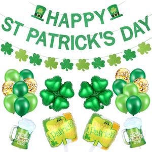 Green Happy St. Patricks Day Banner and St Patricks Shamrock Garland St Patricks Shamrock Foil Balloons Garland, Saint Patricks Day Banner Decorations for Happy St Patrick's Day Banner Decorations