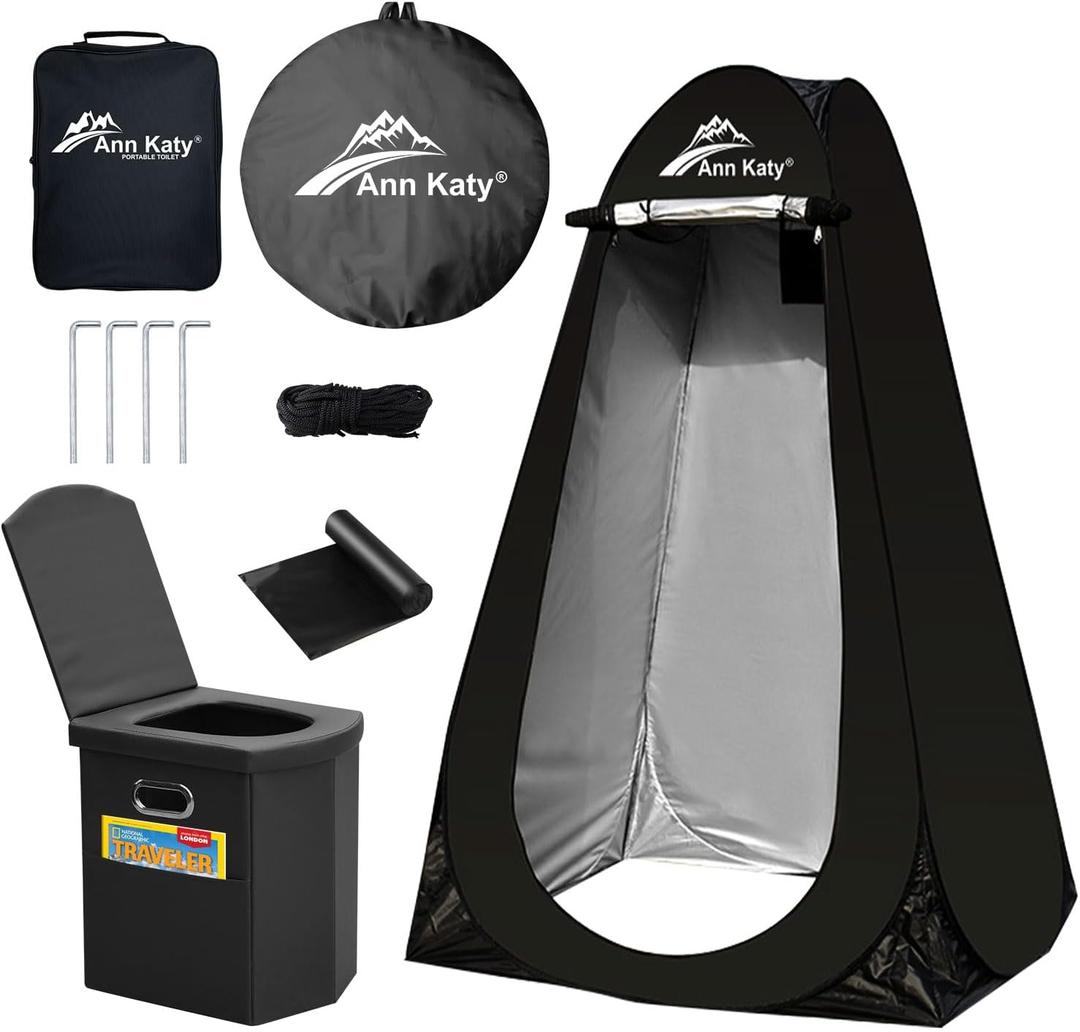 Portable Toilet with Pop Up Privacy Tent,XL Large Portable Toilet for Adults, Outdoor Camping Shower Tents Changing Room Emergency Folding Toilet Tent Kit with Carry Bag for Camping/Hiking (Black+Black)